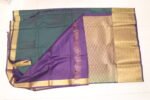 SEMI SILK SAREE-Premium Peacock Green Kanchipuram Silk Saree with Gold Zari Buttas & Contrast Purple Border - Image 4