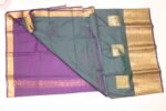 SEMI SILK SAREE-Premium Peacock Green Kanchipuram Silk Saree with Gold Zari Buttas & Contrast Purple Border - Image 6