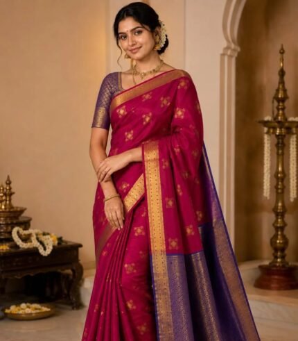 Rani Pink Kanchipuram Style Soft Silk Saree with Royal Blue Border & Gold Zari Weaving