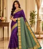 Royal Purple & Peacock Teal Kanchipuram Soft Silk Saree with Rich Gold Zari Pallu