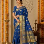 Royal Blue Gold Zari Woven Traditional Silk Saree with Temple Border