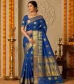 Royal Blue Gold Zari Woven Traditional Silk Saree with Temple Border