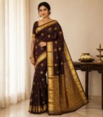 Classic Chocolate Brown Kanchipuram Soft Silk Saree with Rich Gold Zari Border & Traditional Pallu
