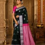 Dark Olive Green Soft Silk Saree with Silver Zari Butta & Rani Pink Rich Pallu