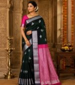 Dark Olive Green Soft Silk Saree with Silver Zari Butta & Rani Pink Rich Pallu