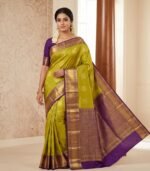 Parrot Green with Royal Purple Gold Zari Woven Traditional Semi Silk Saree
