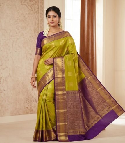 Parrot Green with Royal Purple Gold Zari Woven Traditional Semi Silk Saree