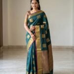 SEMI SILK SAREE-Premium Peacock Green Kanchipuram Silk Saree with Gold Zari Buttas & Contrast Purple Border