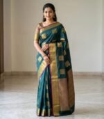 SEMI SILK SAREE-Premium Peacock Green Kanchipuram Silk Saree with Gold Zari Buttas & Contrast Purple Border